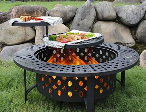 36 Inch Three in One Fire Pit with 2 Grills, Outdoor Wood Burning Fire Pit with Cover, Matchstick, and Circular Waterproof Cover